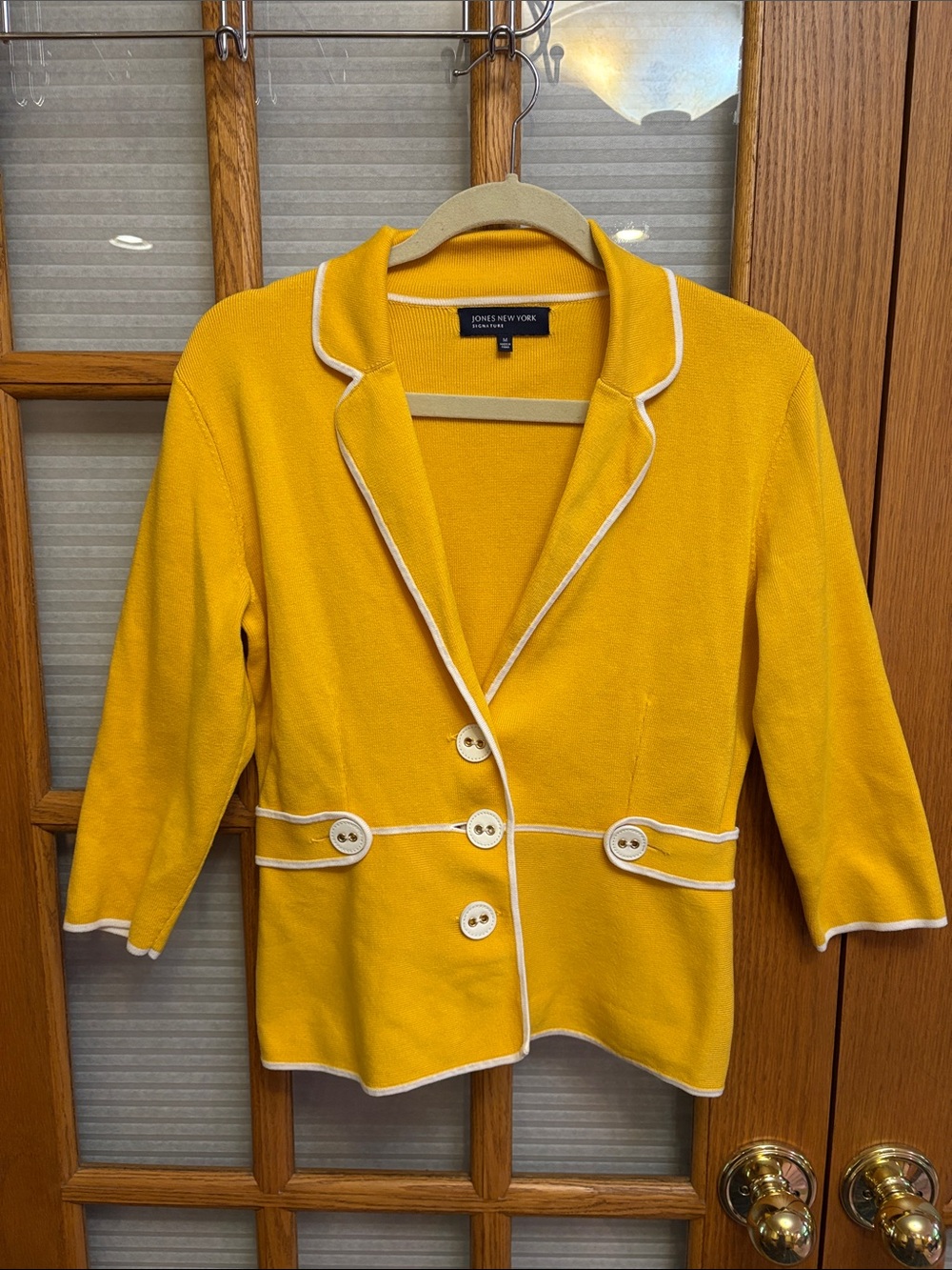 EUC Jones New York Yellow Cardigan Blazer with White Piping